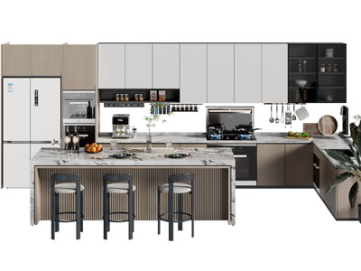 现代整体转角橱柜、厨房中岛吧台吧椅