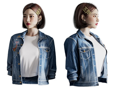 现代穿牛仔衣服的韩国女孩、姑娘人物