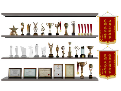 现代奖杯、奖牌、锦旗背景墙3d模型 现代奖杯、奖牌、锦旗背景墙