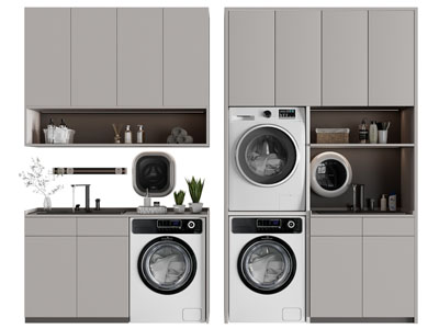 现代阳台洗衣机、烘干机收纳柜