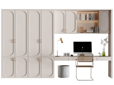 法式带衣柜的书桌椅组合3d模型 法式带衣柜的书桌椅组合