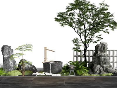 新中式假山、树木、水井景观园艺小品