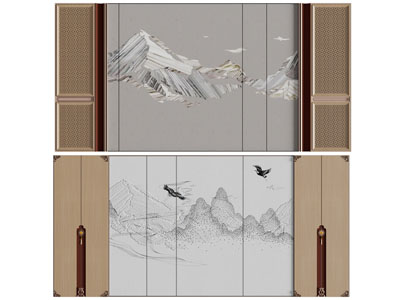 新中式背景墙3d模型 新中式背景墙