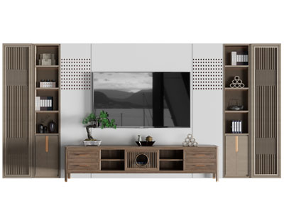 新中式电视柜、电视机背景墙3d模型 新中式电视柜、电视机背景墙
