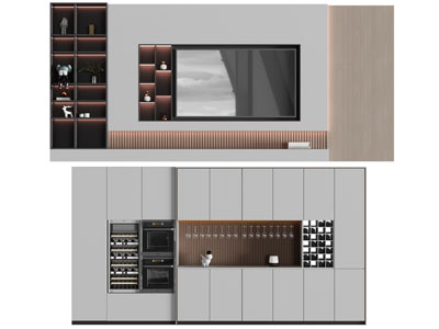 现代带装饰柜的电视背景墙3d模型 现代带装饰柜的电视背景墙