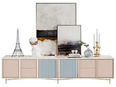 现代轻奢电视柜、装饰画、雕塑、烛台摆件组合