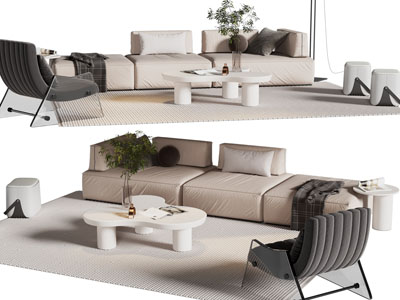 现代布艺多人沙发、休闲椅子和茶几组合