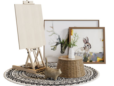 北欧实木画架画板、装饰画、编织茶几3d模型 北欧实木画架画板、装饰画、编织茶几