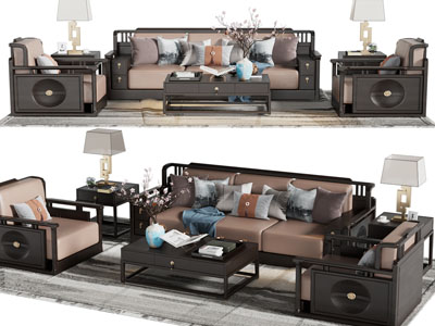 新中式实木边框多人、单人沙发和茶几组合