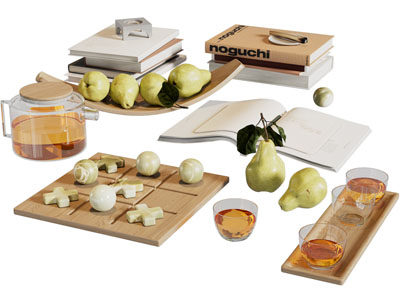 现代书籍、茶具杯子、水果摆件组合