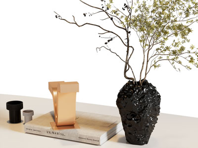 现代花瓶花卉、书本、烛台摆件组合