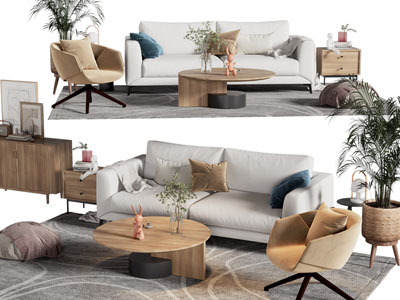 北欧多人沙发 休闲椅子 边柜和茶几组合