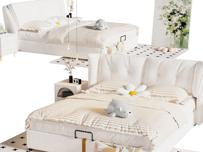 侘寂风儿童布艺双人床、床头柜