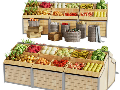 现代实木水果展台、货架3d模型 现代实木水果展台、货架