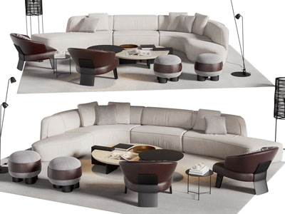 现代转角多人沙发、休闲椅子和茶几组合