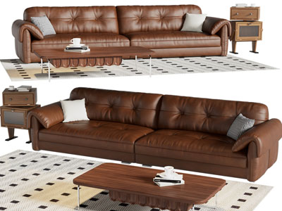 现代复古皮质双人沙发、茶几组合