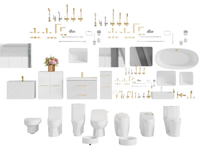 现代陶瓷马桶、浴缸、水龙头、浴室柜