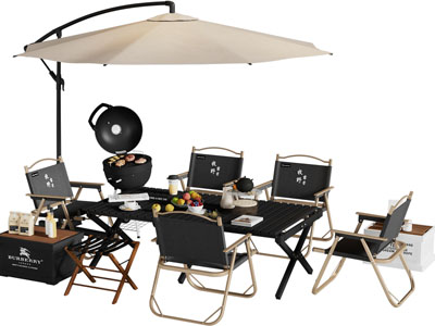 现代户外遮阳伞、可折叠餐桌椅组合