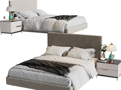 现代布艺双人床 床头柜