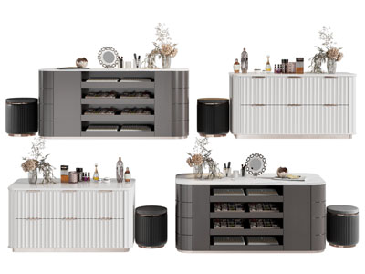 现代轻奢梳妆中岛台、圆形坐墩