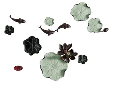 新中式荷叶、鱼群墙饰挂件