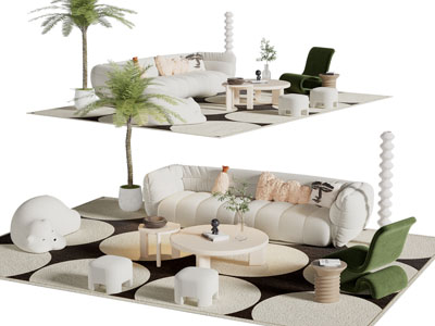 侘寂风多人沙发、休闲椅子和茶几组合