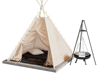 现代户外营地帐篷、烧烤炉