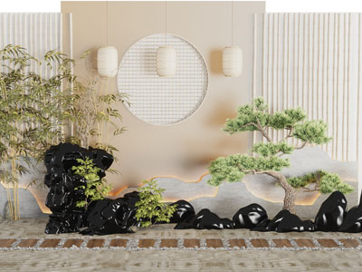 新中式山脉 石头 松树 景墙室内景观园艺小品