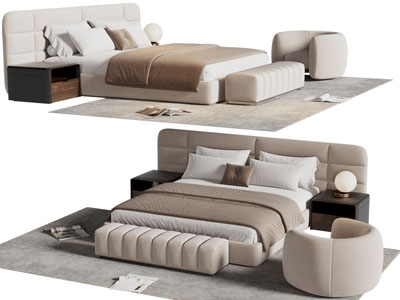 现代双人床、单人沙发