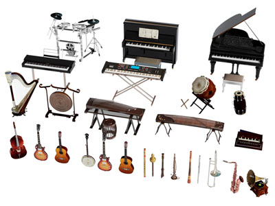 现代吉他、钢琴、古筝、竖琴乐器组合3d模型 现代吉他、钢琴、古筝、竖琴乐器组合