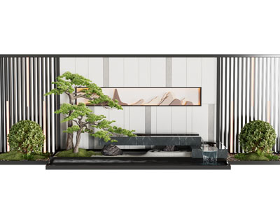 新中式庭院松树 景墙景观园艺小品