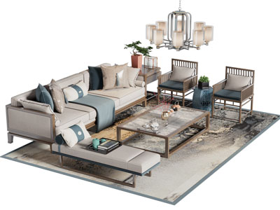 新中式多人沙发、休闲椅子和茶几组合