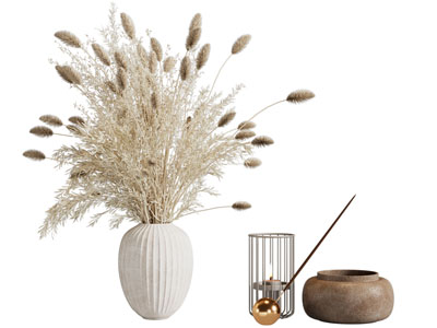 侘寂风花瓶芦苇花、烛台和陶艺器皿摆件组合