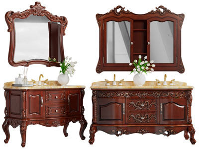 欧式雕花装饰的洗手台、镜柜