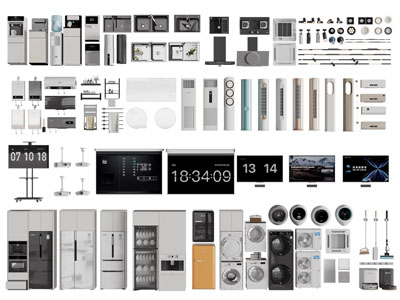 现代冰箱、空调、洗衣机、电视机家用电器组合3d模型 现代冰箱、空调、洗衣机、电视机家用电器组合