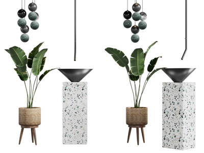 现代洗手台、盆栽植物