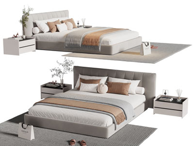 现代布艺双人床、床头柜