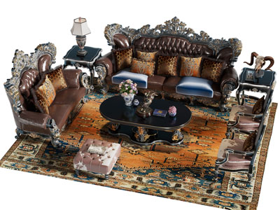 欧式雕花双人沙发、扶手椅和茶几组合