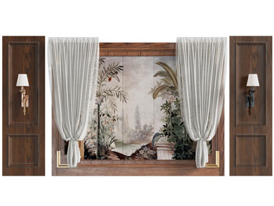 新中式实木背景墙 窗帘3d模型 新中式实木背景墙 窗帘