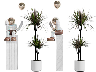 现代宇航员雕塑雕刻、盆栽植物3d模型 现代宇航员雕塑雕刻、盆栽植物