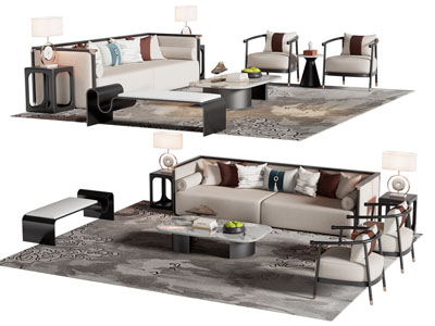 新中式多人沙发、扶手椅和茶几组合