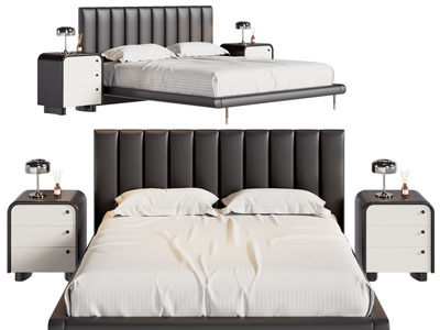 现代皮质床头双人床、床头柜
