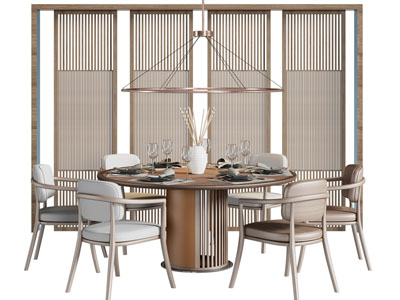 新中式圆形实木餐桌椅组合、隔断