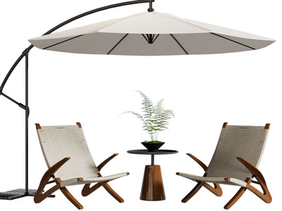 现代遮阳伞、休闲椅子、边几