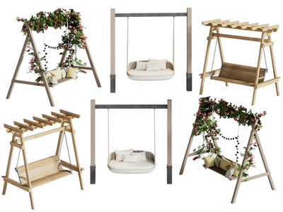 现代实木花架、秋千、摇椅