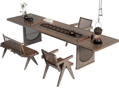 侘寂风实木长方形茶桌椅组合