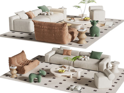 现代双人沙发、懒人沙发和茶几组合