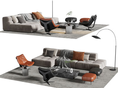 现代转角多人沙发、休闲椅子、沙发凳和茶几组合