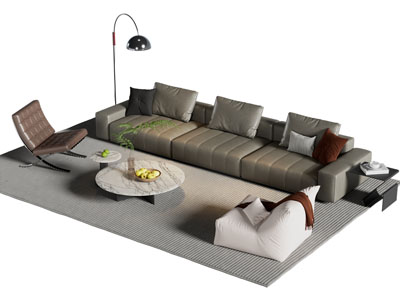 现代多人沙发、休闲椅子和茶几组合