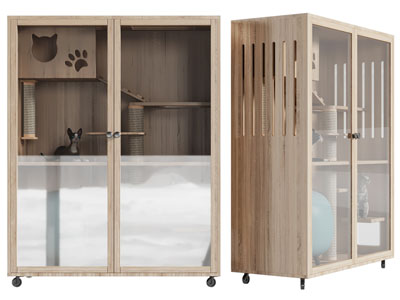 现代实木玻璃柜门的宠物房子、猫爬架